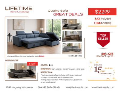 Fabric sectional sofa and chaise with hide-a-bed and storage, View more