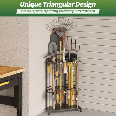 Garden tool organizer corner shelf stand for shed or garage, View more