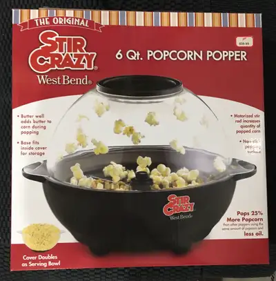 West Bend Stir Crazy 6 qt popcorn popper. Pops up to 25% more popcorn with fewer unpopped kernels. B...