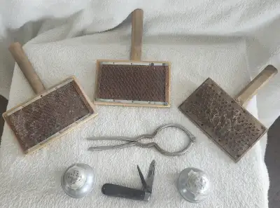 A Little Group of Antiques. The lot includes 3 Wool Hand Carders measuring 6 inches X 3.5 inches wit...