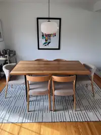 EQ3 Reclaimed teak Kendall custom dining table, EQ3 wren chairs