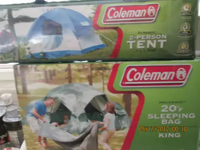 2-new in box. NEVER USED. Inglewood sleep bags king size. 20 degrees fahrenheit. 2-man sun-dome tent...