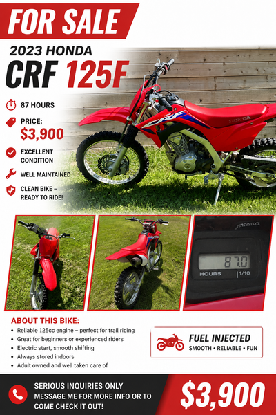 2023 Honda CRF125 F Dirtbike Excellent condition and oil changes kept up Only 87 Hrs