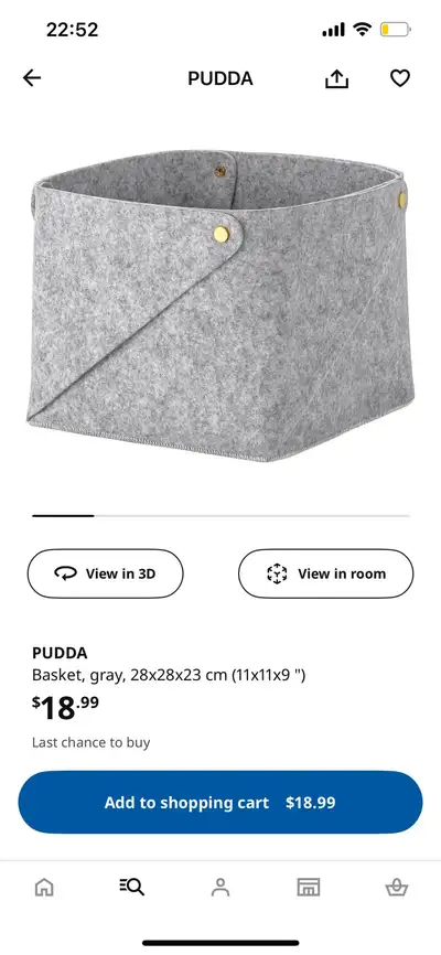 This is a used IKEA Pudda basket in grey, sized at 28x28x23 cm (11x11x9 inches), perfect for organiz...
