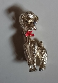Vintage Silver Tone Metal Poodle Brooch Pin Enameled Red Bow Tie