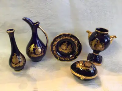 French. Limoges Porcelain Gold Trim, Courting Scenes Vase. $20.00 Pitcher. $25.00 Egg Opening Trinke...