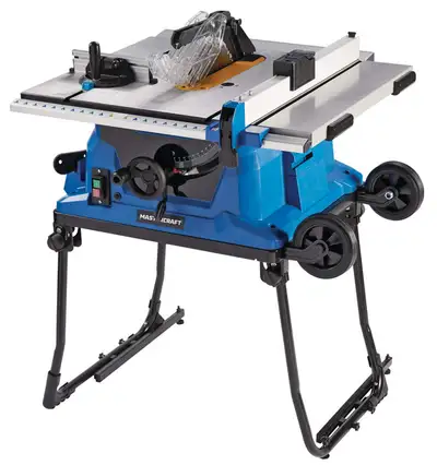 The Mastercraft Portable Table Saw with Fold n' Roll Stand and 10-inch (25.4 cm) 40-tooth carbide-ti...