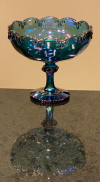 Vintage Blue Carnival Glass with Gold Edged Pedestal Bowl