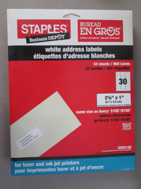 Staples 32 sheets of white address labels (for inkjet printer)