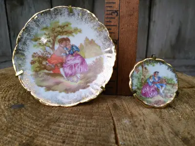 Pair of Antique Porcelaine Miniature Collectible Plates w Stands, View more