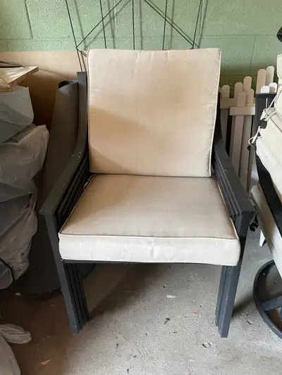 Set of 4 wrought iron patio outdoor chairs with beige cushions, View more