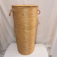 Vintage reed/grass tall wicker basket with lid 25"h x 12"w