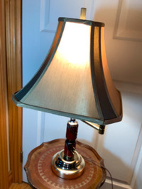 Vtg Leviton Brass & Wood Tri-Light Swing Arm Lamp Satin Shade