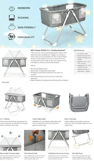 INFANS 2 in 1 Rocking Bassinet for Newborn Baby, One-Second Fold, View more