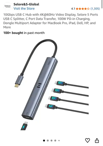 Selore 5-in-1 USB-C hub is in excellent, used condition, offering a 10Gbps USB C Hub with 4K@60Hz vi...