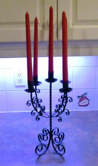 VINTAGE BLACK METAL CANDELABRA/5 red candles