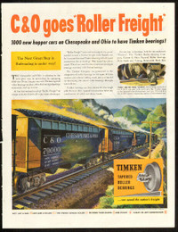 1947 full-page magazine ad for Timken Bearings- train graphics