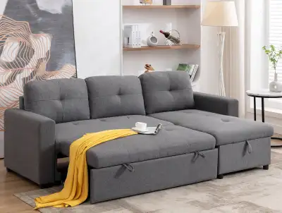 Canape-lit sectionnel reversible en tissu crème avec rangement, View more