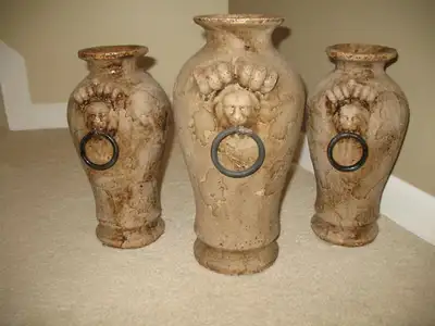 Set of 3 lions head decorative vases, View more