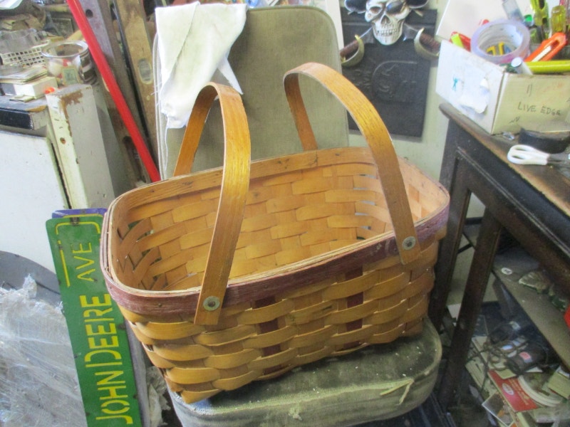 1960s TWO HANDLE OPEN TOP CANE BASKET 20. VINTAGE CABIN DECOR Arts