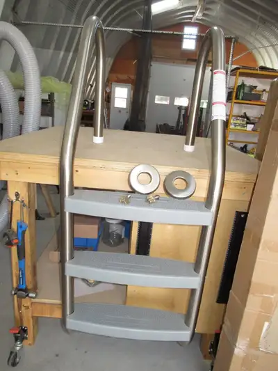 3 tread Marine Grade pool ladder for in-ground pools. This three-step entry-level pool ladder featur...