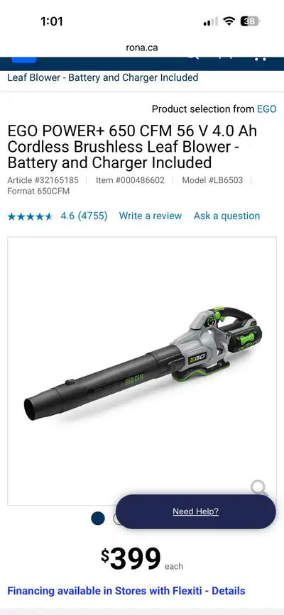 Ego 650cfm blower and 4 ah battery & charger Brand new in box $315 Model: LB6503