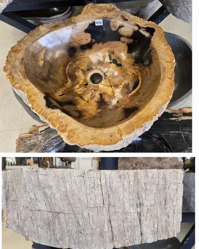 Vanity, vessel sinks in natural stone & petrified wood, View more