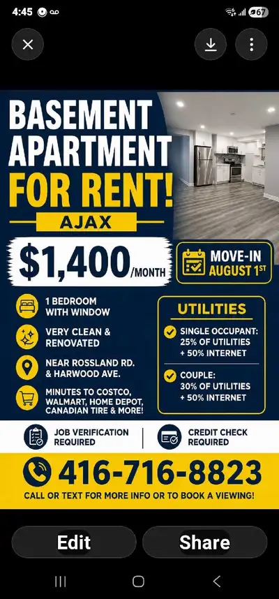 Very clean, bright basement apartment in a quiet Ajax neighborhood. Renovated just a few years ago a...