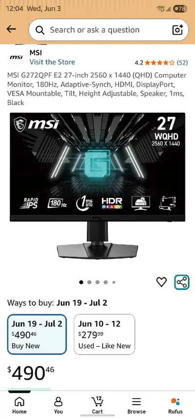 MSI G272QPF E2 — 27" QHD 180Hz Gaming Monitor, View more