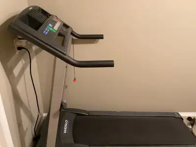 Weslo treadmill. Plugs in works great. Does fold down for easy storage