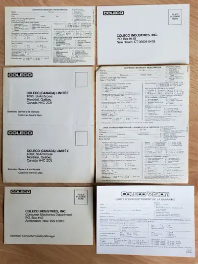 Coleco Colecovision Warranty Registration Cards (Assorted x 6), View more