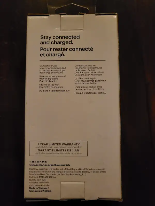 Best Buy Essentials 9ft. Micro USB Cable. Charger for Old Phone, in Cables & Connectors in Mississauga / Peel Region - Image 3