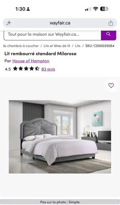 Lit double en velours gris/double size bed in velvet gray, View more