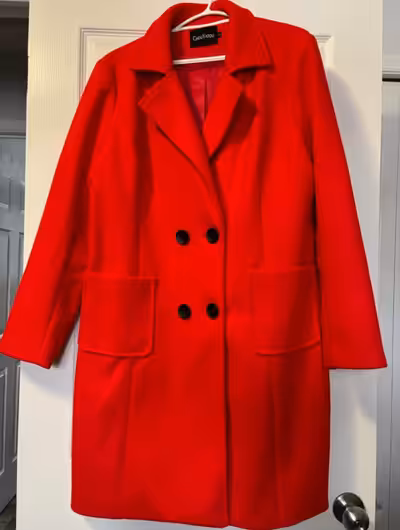 Brand new, never worn red wool blend, double breasted fall /winter dress coat with belt. Size large....