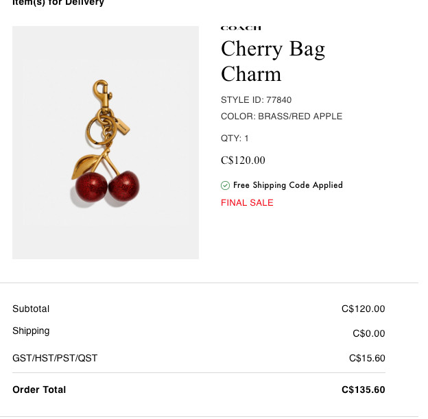 Coach Cherry Bag Charm - Red Apple/brass