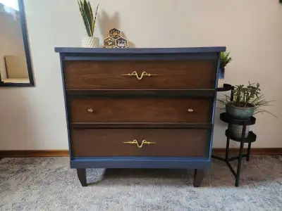 3 drawer mid-century modern dresser - Blue and dark walnut, View more