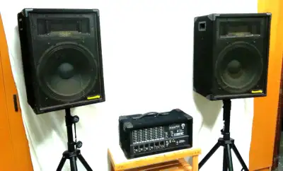 Complete P.A. System includes: - Yorkville, model MP6D, 6-channel powered mixer with 325 watts at 4...