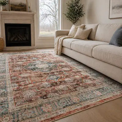 Staged Area Rug: Persian-Inspired Pattern, Terracotta & Te, View more
