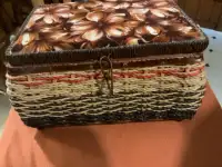 Vtg Wicker Sewing Basket with a Handle and a Crush Velvet Top