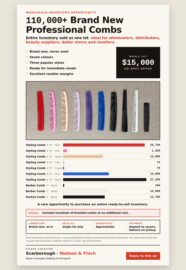 110,000  Brand New Professional Combs, Entire Inventory