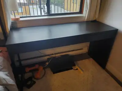 MICKE Desk, black-brown, 142x50 cm (55 7/8x19 5/8 "), View more