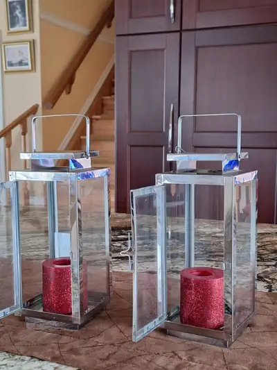 2 Lanterns BLOCK candle holders , glass and silver metal , carrie on handles and doors . USED ONCE ....