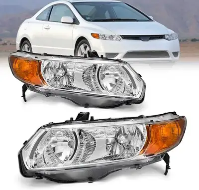 Civic Headlight Assembly for 06-11 Honda Civic 2-Door Coupe Clear Lens Chrome Housing with Amber Ref...