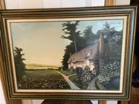 Beautiful Lrg Vtg Oil Painting of a Thatched Roof Cottage