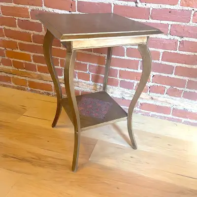 Vintage two-tier hand-painted gold table with cabriole legs and decoupaged William Morris detail on...