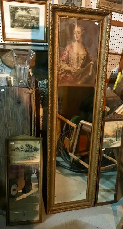 3 ALL ORIGINAL ANTIQUE WALL / DRESSER MIRRORS - DECORATED TOPS, View more