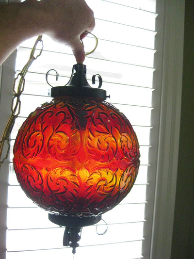 Vintage Mid Century Red Amber Glass Globe Hanging Swag Lamp, View more