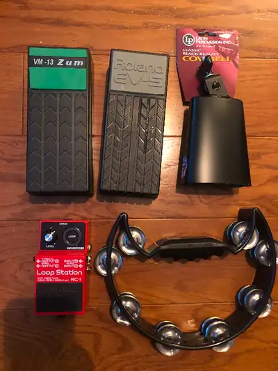 GUITAR PEDALS, COWBELL, TAMBOURINE, KEYBOARD STAND, CABLES, View more