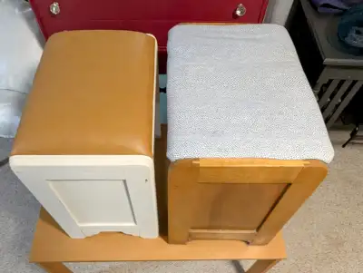 Selling two vintage Mid Century Modern solid wood vanity chairs/benches with padded seats Beautiful...