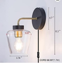 New Plug in Wall Sconce Clear Glass Shade Matte Black Wall